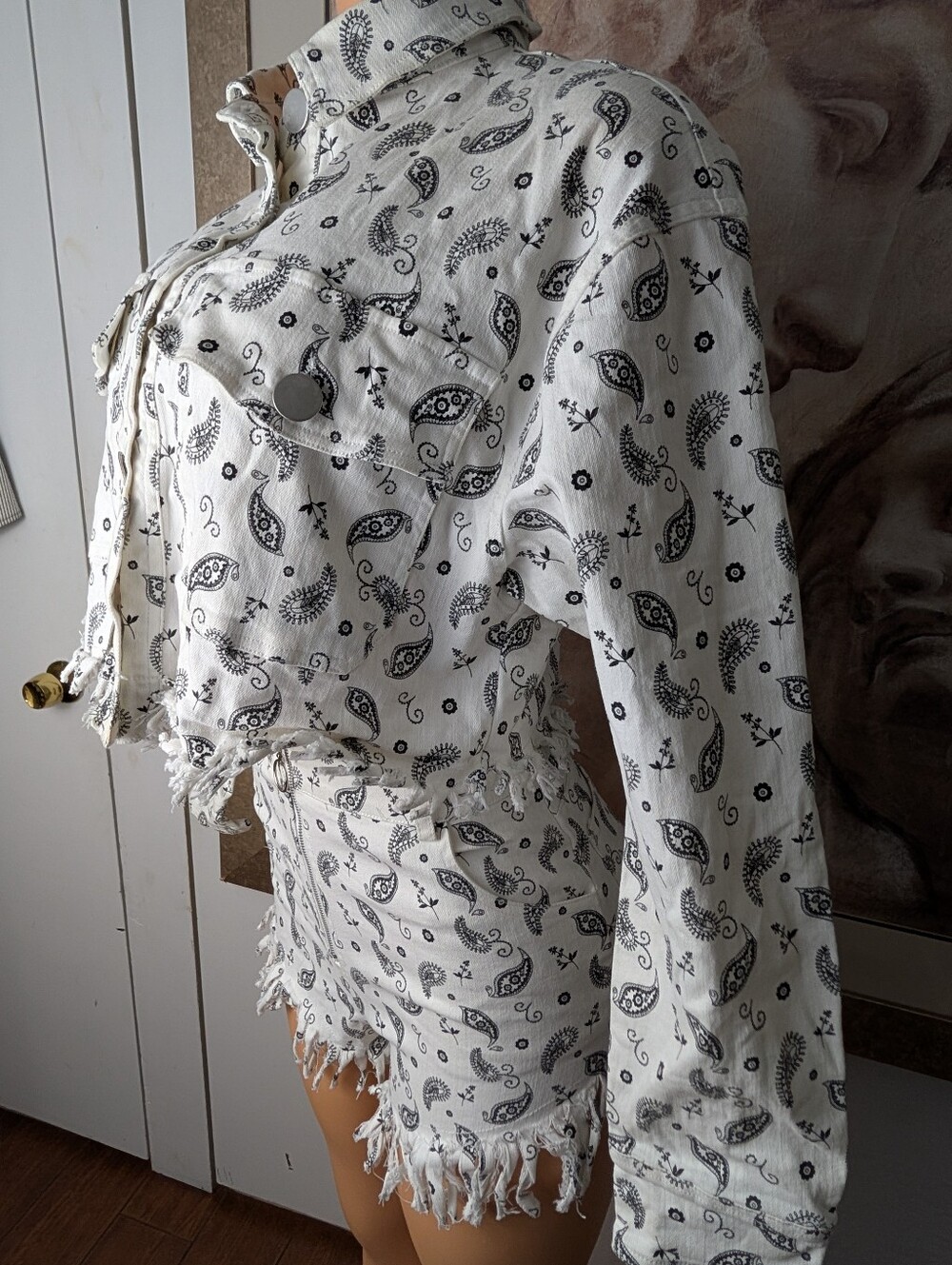 Kittenish Paisley Print Fringed Two-Piece Set - Black on Ivory Size XS&S